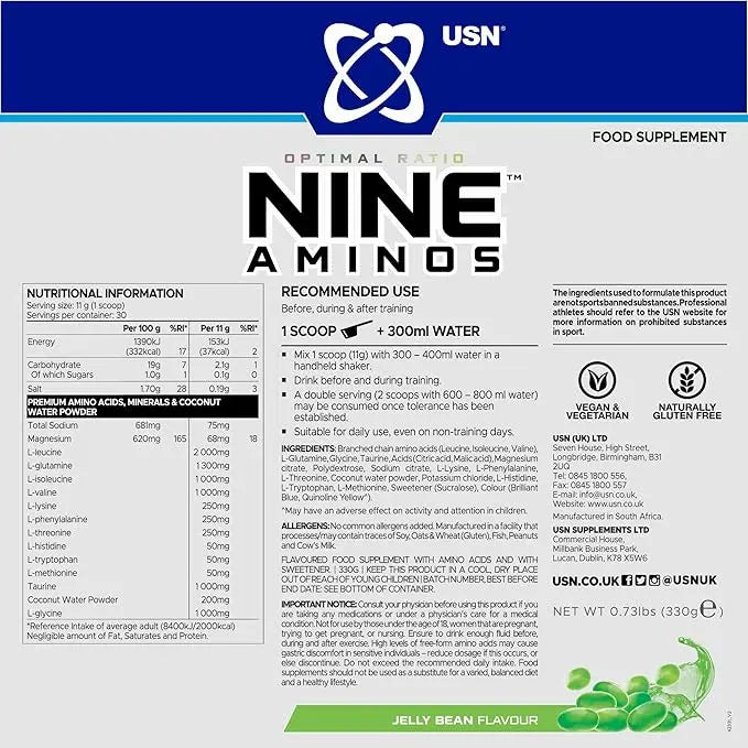 USN Nine Aminos EAA & BCAA With Coconut Water Powder-330Gm-30 Serv-Jelly Beans Flavour