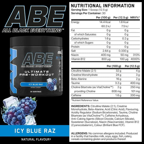 Applied Nutrition ABE Pre Workout -375g-30 Serv-Icy Blue Raz